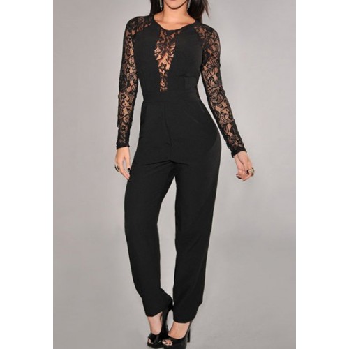 Lace Splicing Fashionable Round Neck Long Sleeve Women s Jumpsuits ...