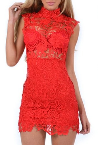 Stylish Women's Stand Collar Sleeveless Bodycon Lace Dress red white ...