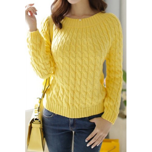 Retro Style Women s Jewel Neck Long Sleeve Cable-Knit Sweater ...