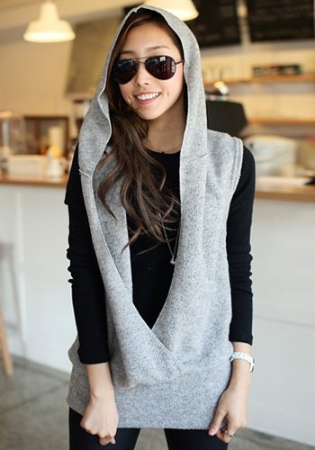 Simple Design Women s Solid Color Sleeveless Hooded Sweater gray ...