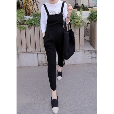 Casual Style Solid Color Pocket Design Overalls For Women black