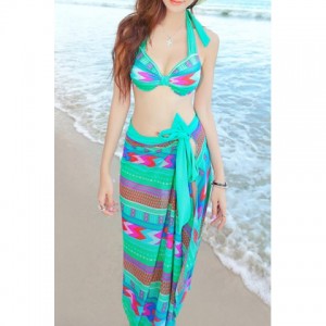 Chic Style Halterneck Ruffled Colorful Printing Three-Piece Swimsuits For Women green purple