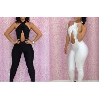 Criss-Cross Hollow Out Backless Sexy Polyester Solid Color Jumpsuit For Women black white