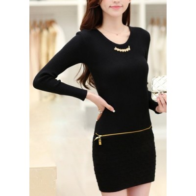 Cute Women's Scoop Neck Long Sleeve Black Zippered Dress black