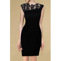 Elegant Women's Round Neck Lace Splicing Sleeveless Black Dress 