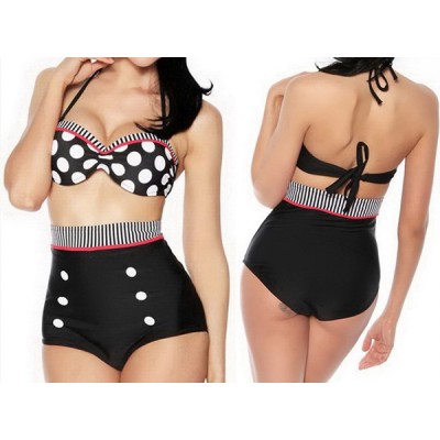 High Waisted Polka Dot Double-Breasted Spandex Sexy Halter Swimsuit For Women