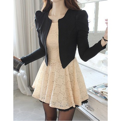 Ladylike Style Long Sleeve Round Collar Lace Zipper Faux Twinset For Women