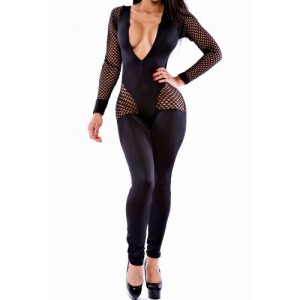 Mesh Splicing Long Sleeve Round Neck Hollow Out Design Jumpsuit For Women black
