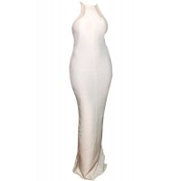 Mesh Splicing Sleeveless Round Collar Slit Side Design White Dress For Women white