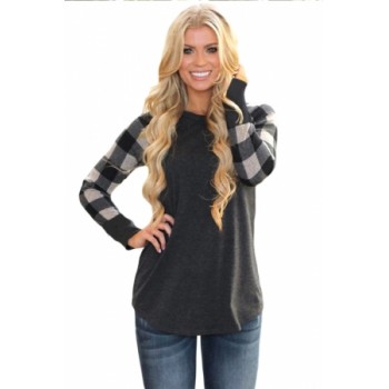 Monochrome Plaid Sleeve Charcoal Top Red Gray
