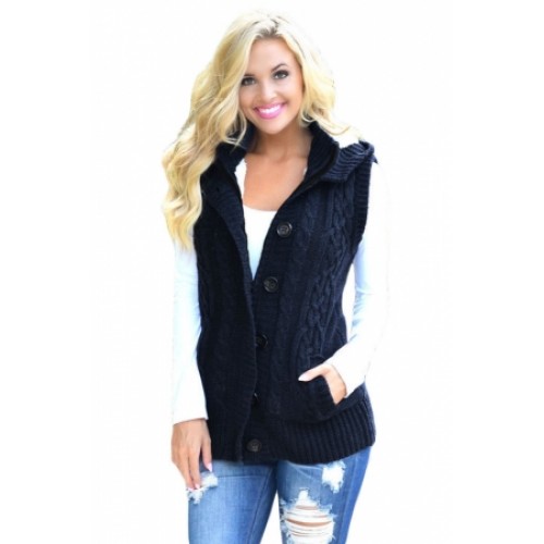 Navy Cable Knit Hooded Sweater Vest Black Brown Gray (Navy Cable Knit ...
