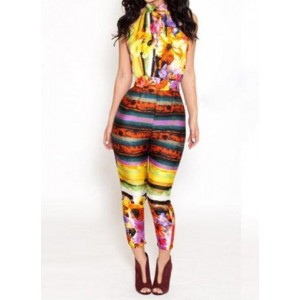 Sexy Halter Neck Sleeveless Backless Printed Jumpsuit For Women