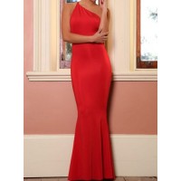 Sexy Oblique One Shoulder Sleeveless Backless Mermaid Trailing Evening Dress For Women red gray