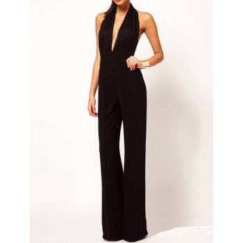 Sexy Plunging Neck Sleeveless Backless Lace Spliced Jumpsuit For Women ...
