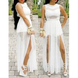 Sexy Round Neck Sleeveless Solid Color High Furcal See-Through Dress For Women white