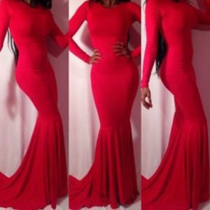 Sexy Style Backless Round Collar Long Sleeve Women's Fish Tail Maxi Dress red