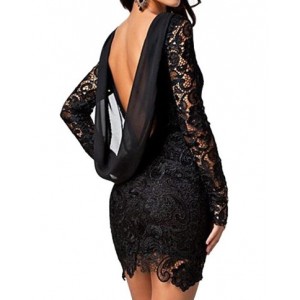 Sexy Women's Jewel Neck Backless Long Sleeve Lace Dress black red