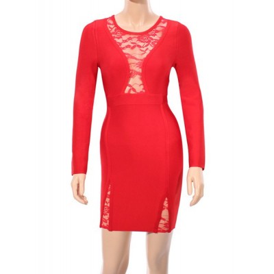 Sexy Women's Round Neck Lace Splicing Long Sleeve Bandage Dress red