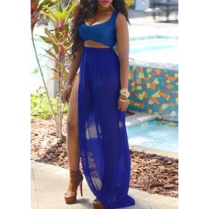 Sexy Women's Scoop Neck Hollow Out Sleeveless Side Slit Dress blue