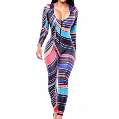 Sexy Women's V-Neck Long Sleeve Striped Jumpsuit