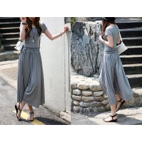 Simple All-Match Scoop Collar Drawstring Waist Ruched Short Sleeves Pleated Dress gray black