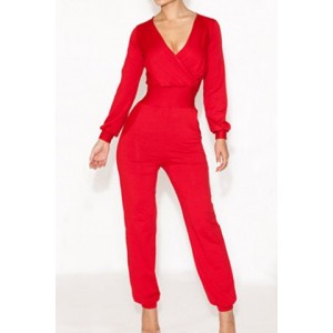 Solid Color High-Waisted Trendy Style V-Neck Long Sleeve Women's Jumpsuits red