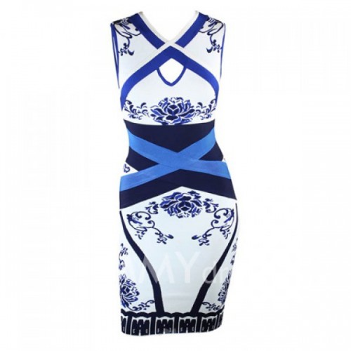 Stylish Blue And White Porcelain Print Cut Out Sleeveless Bandage Dress ...