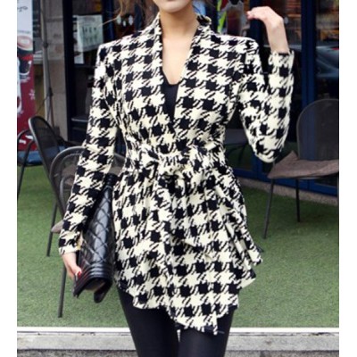 Stylish Collarless Long Sleeve Plaid Special Cut Lace-Up Cardigan For Women black white