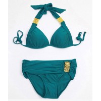 Stylish Hlater Neck Spliced Bikini Set For Women aqua
