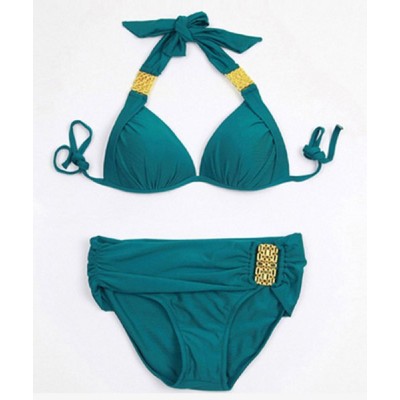 Stylish Hlater Neck Spliced Bikini Set For Women aqua