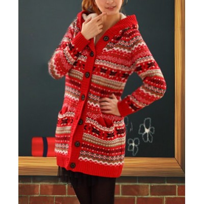 Stylish Hooded Long Sleeve Single-Breasted Flocky Knitted Cardigan For Women red white black