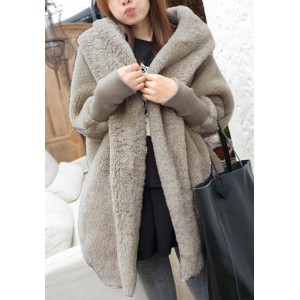 Stylish Hooded Neck Solid Color Batwing Sleeves Loose-Fitting Cashmere Coat For Women khaki black