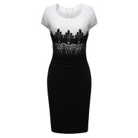 Stylish Round Collar Color Splicing Back Zipper Short Sleeves Plus Size Bodycon Dress For Women black