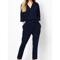 Stylish V-Neck 3/4 Sleeve Solid Color Lace-Up Jumpsuit For Women blue black