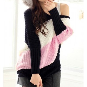 Stylish Women's Scoop Neck Dolman Sleeve Color Block Sweater pink