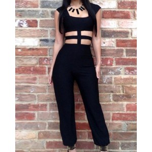Stylish Women's Square Neck Hollow Out Sleeveless Jumpsuit black