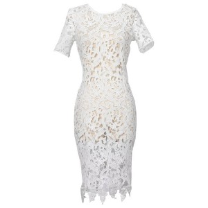 White Color Short Sleeve Round Collar Hollow Out Design Sexy Dress For Women lace