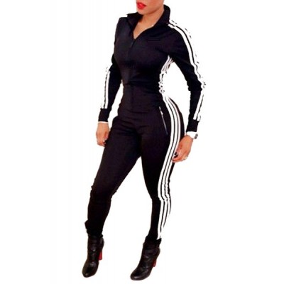 Active Side Stripe Print Long Sleeve Zippered Bodycon Jumpsuit For Women black