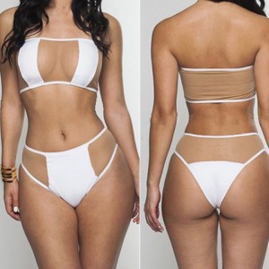 Alluring Strapless Sleeveless Solid Color Hollow Out Bikini Set For Women white