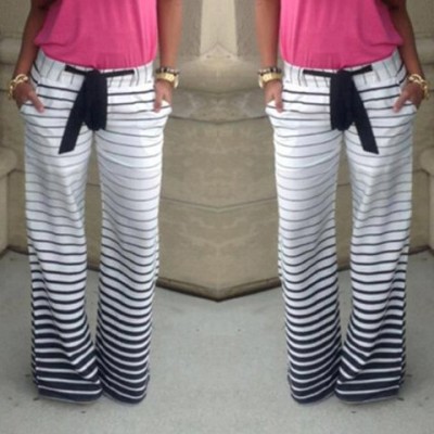 Casual Low-Waisted Drawstring Striped Loose-Fitting Pants For Women white