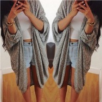 Casual Pure Color 3/4 Sleeve Loose Collarless Cardigan For Women gray