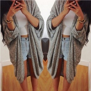 Casual Pure Color 3/4 Sleeve Loose Collarless Cardigan For Women gray