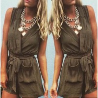 Casual Solid Color Turn-Down Collar Romper For Women green