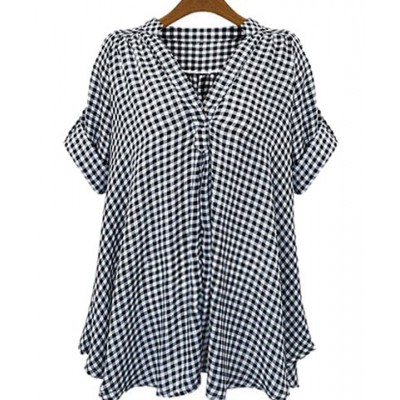 Casual Stand-Up Collar Short Sleeve Plaid Loose-Fitting Blouse For Women white black