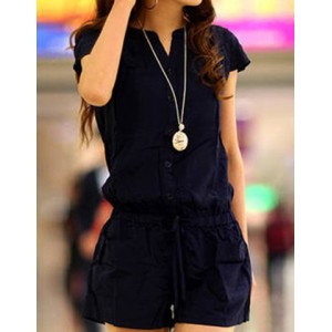 Casual V-Neck Short Sleeve Solid Color Pocket Design Romper For Women blue