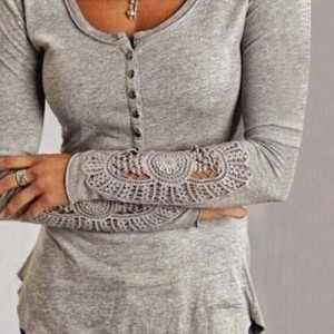 Casual Women's Scoop Neck Lace Splicing Long Sleeve T-Shirt BLACK, DEEP BLUE, DEEP GRAY, LIGHT BLUE, LIGHT GRAY, OFF-WHITE, WHITE, WINE RED