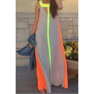 Color Block Hollow Out Fashionable Scoop Neck Sleeveless Maxi Dress For Women gray