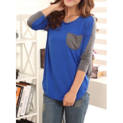 Color Block Ladylike Style Pocket Splicing Bat-Wing Sleeves T-shirt For Women blue green