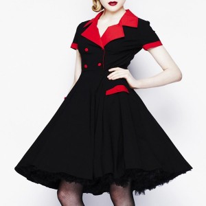 Color Block Vintage Turn-Down Collar Short Sleeve Dress For Women black