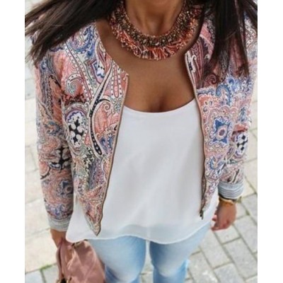 Ethnic Scoop Neck Print Long Sleeve Loose-Fitting Jacket For Women